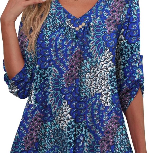 Elegant Women's Plus Size Floral Blouse - 2X V-Neck Tunic with 3/4 Sleeves - Picture 1 of 4